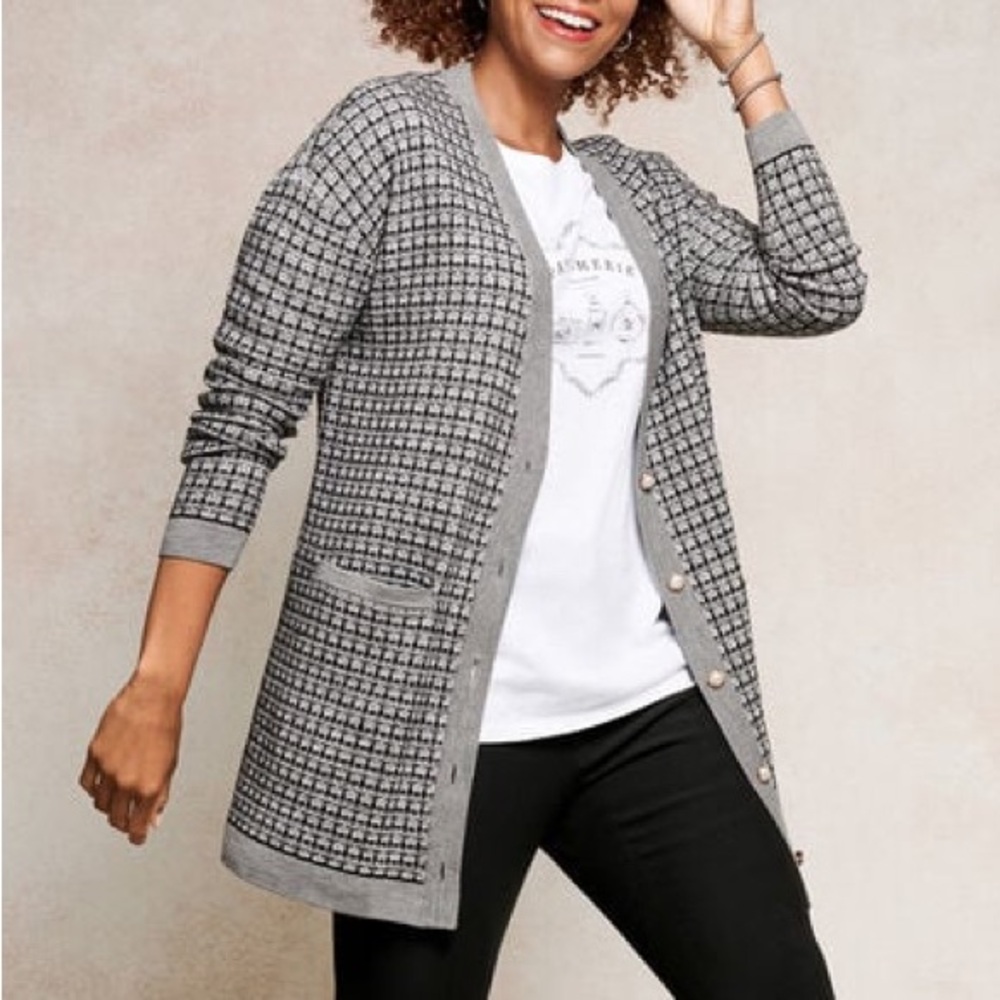 Merino Wool Cardigan by Talbots in Black, White and Grey Mini Plaid - Picture 2 of 11